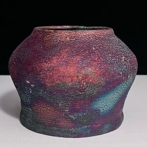 Miniature RAKU POTTERY PLANTER / Rough IRIDESCENT CRACKLE Glaze / Drainage Hole